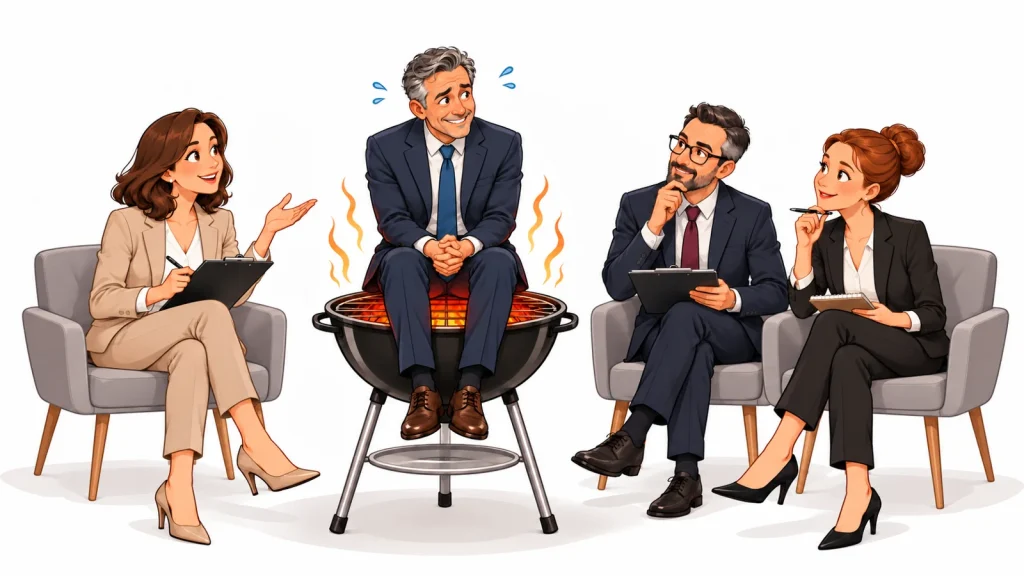 Illustration humoristique d'un candidat expérimenté assis sur un barbecue lors d'un entretien d'embauche, face à trois recruteurs.